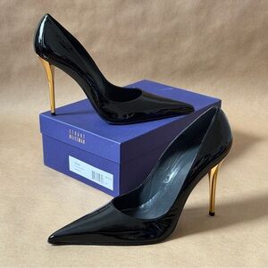 Stuart Weitzman Fever Black Patent Heels with Gold Stiletto
